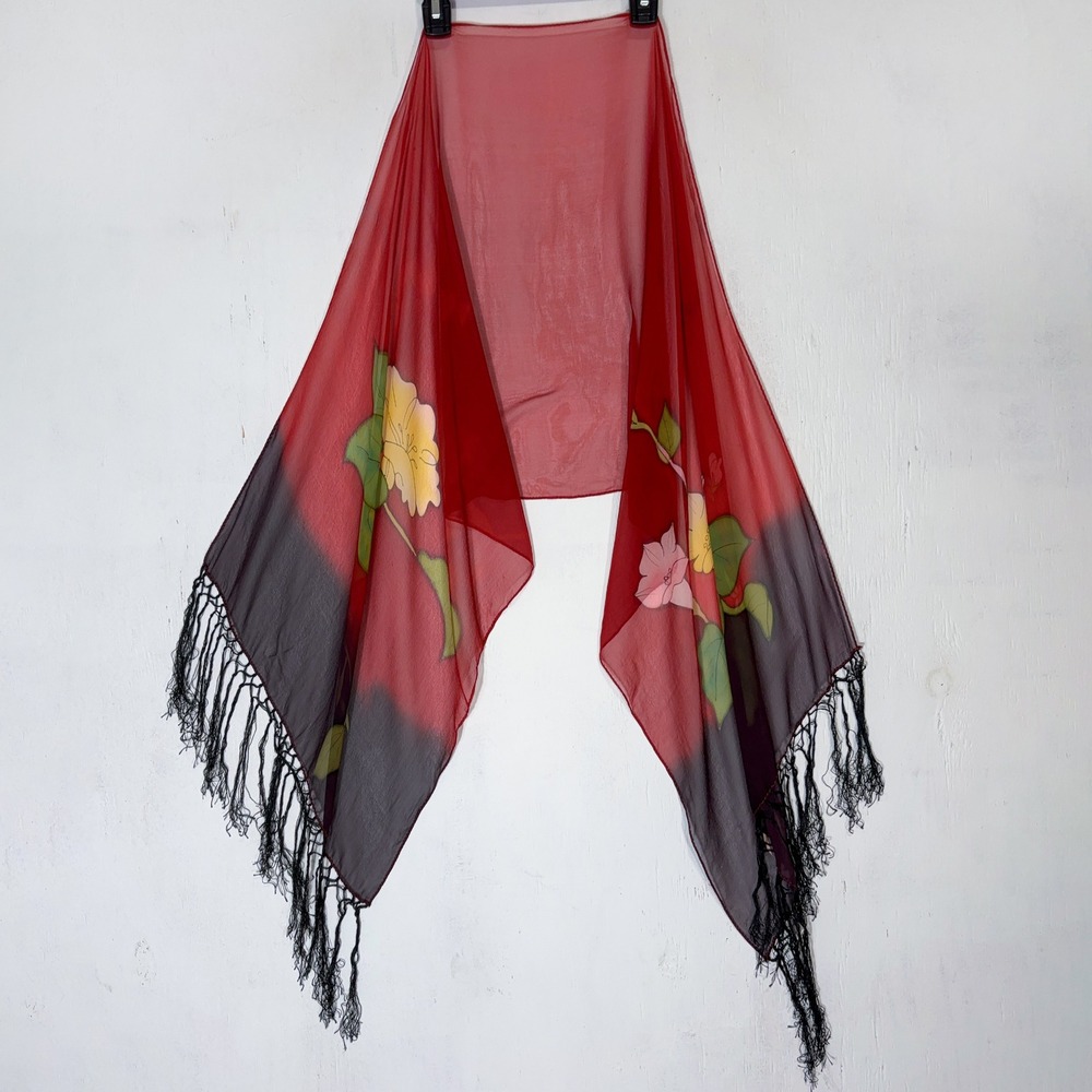 VTG Y2K Scarf Womens OS Red Black Floral Hand Painted 100% Silk Fringe Wrap
